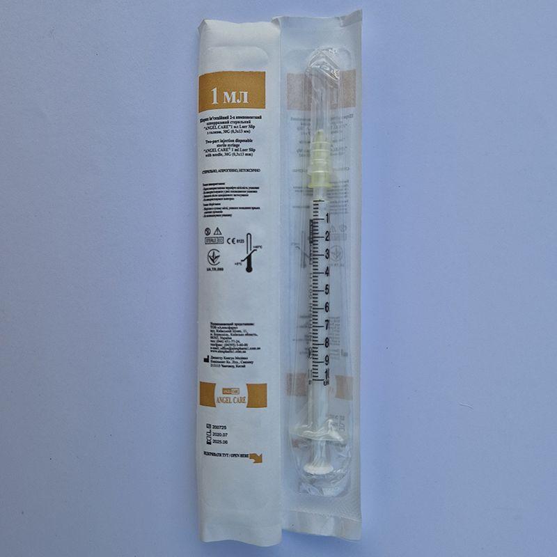 Шприц ін’єкційний 2-х компонентний одноразовий стерильний «ANGEL CARE» 1 мл Luer Slip з голкою, 30G (0,3x13 мм.)